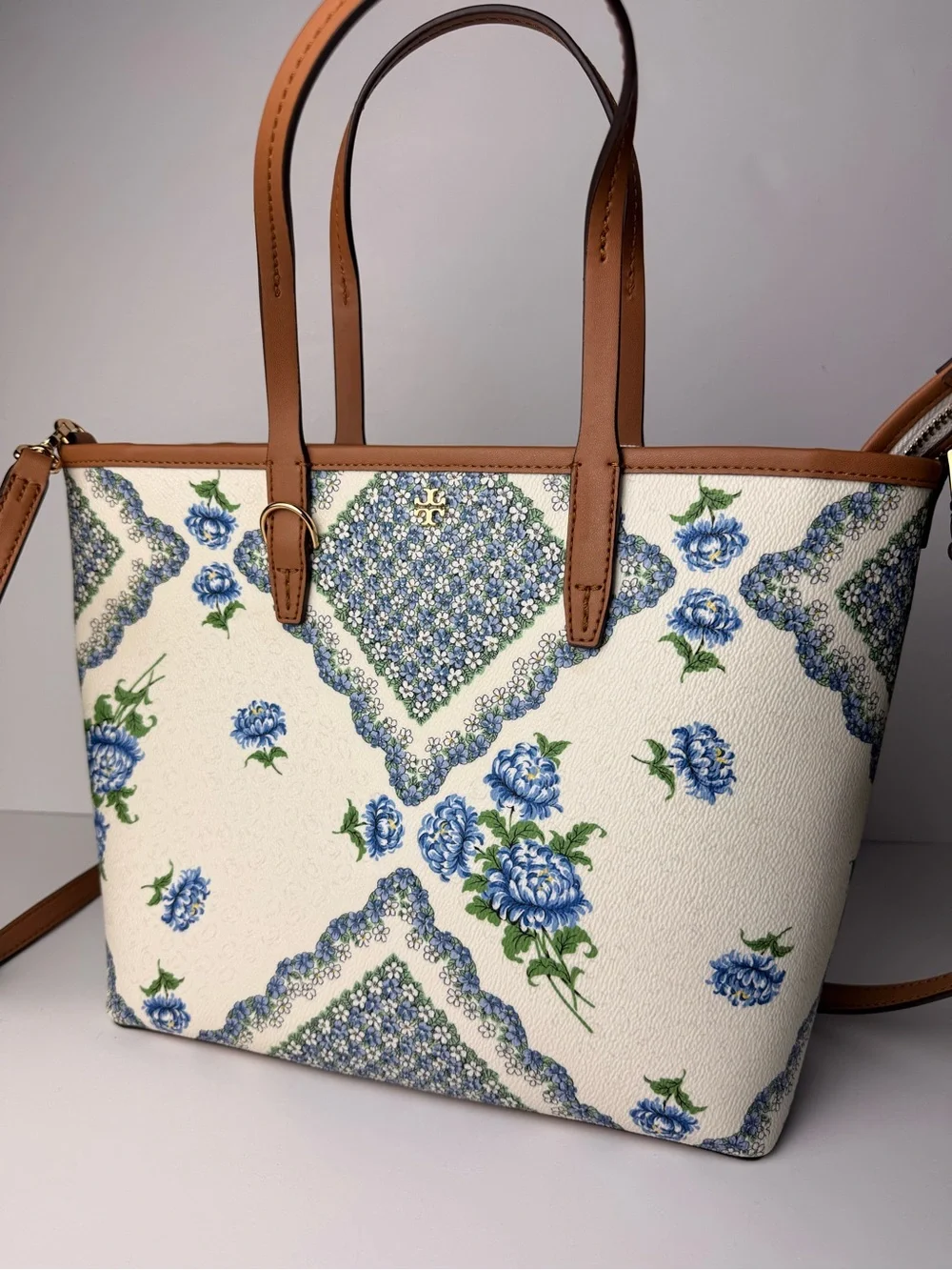 Tory Burch Kerrington Small Zip Tote Terrace Ditsy Floral Cloud Blue Brown